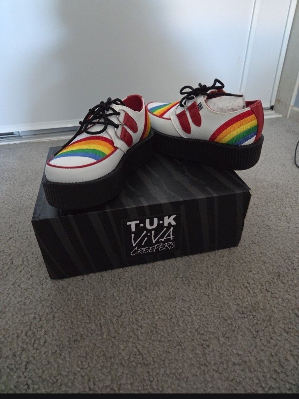 T.U.K Woman Viva Creepers - White with Red and Rainbow Stripes
